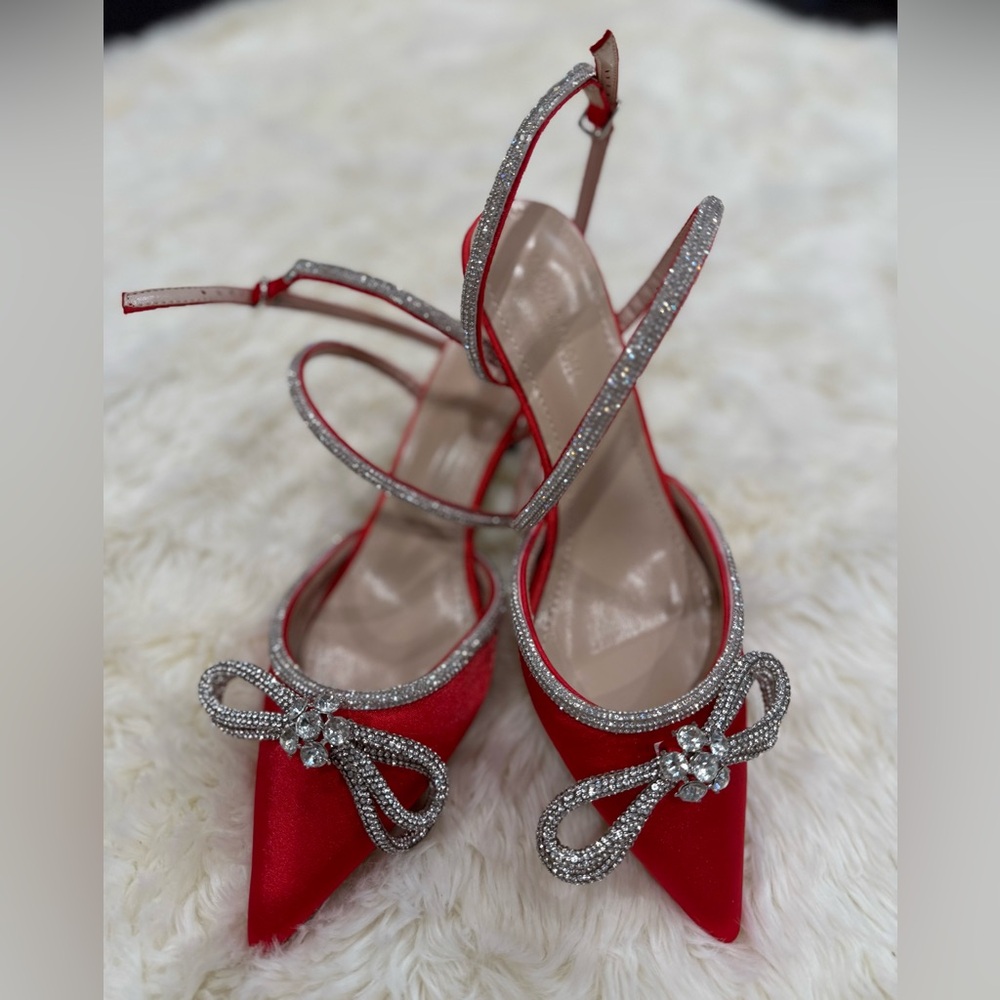 Elegant Red Satin Women's Heels with Rhinestone Accents